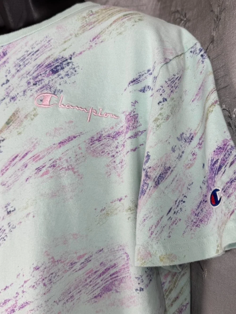Champion Crayon Brushstroke Blur Retro AOP Abstract Tee Mint Purple Men’s Sz L - Picture 3 of 7